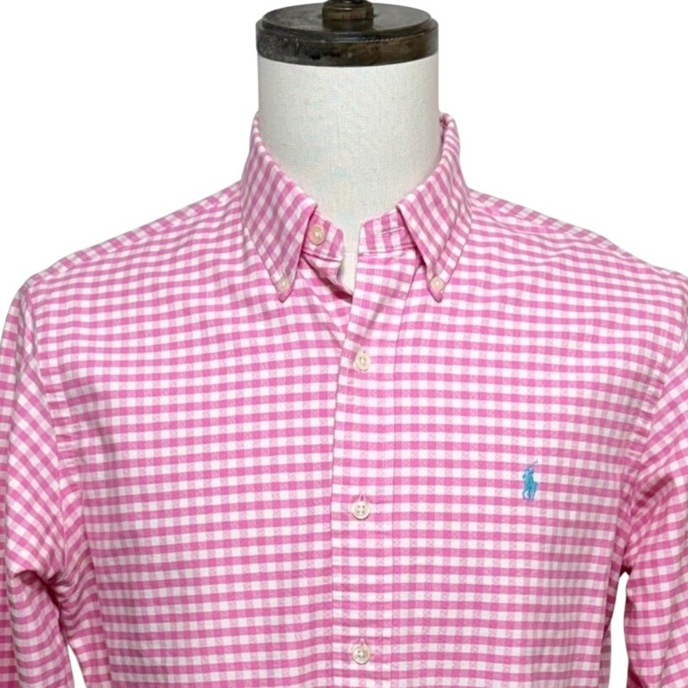 Ralph Lauren Shirt Mens Medium Pink Gingham Custom Fit Button Down Long Sleeve